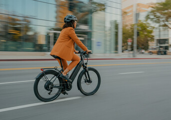Fototapeta premium Businesswoman wearing a helmet is riding an electric bicycle to work in a modern city environment