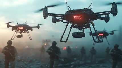 Drones operate in a military setting, assisting soldiers amidst a smoky, chaotic environment.