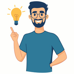 Happy man with bright yellow light bulb Businessman find idea Solution of the problem Flat vector illustration