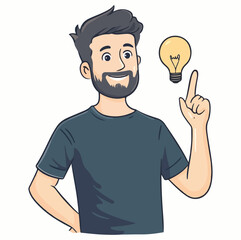 Happy man with bright yellow light bulb Businessman find idea Solution of the problem Flat vector illustration