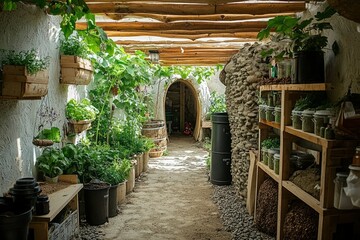 Fototapeta premium Green Plants and Stone Wall in a Rustic Greenhouse