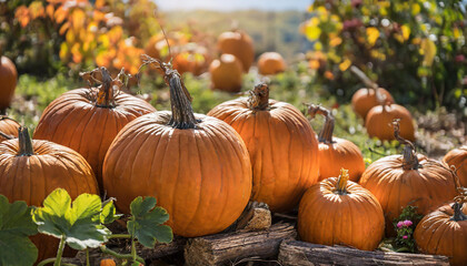 Bright orange pumpkins nestled in a sunny pumpkin patch surrounded by vibrant autumn foliage during harvest season