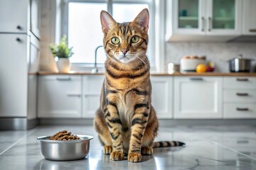 A cute Bengal cat near a feeding bowl in a white kitchen. The cat is looking at the camera. Taking care of animals.