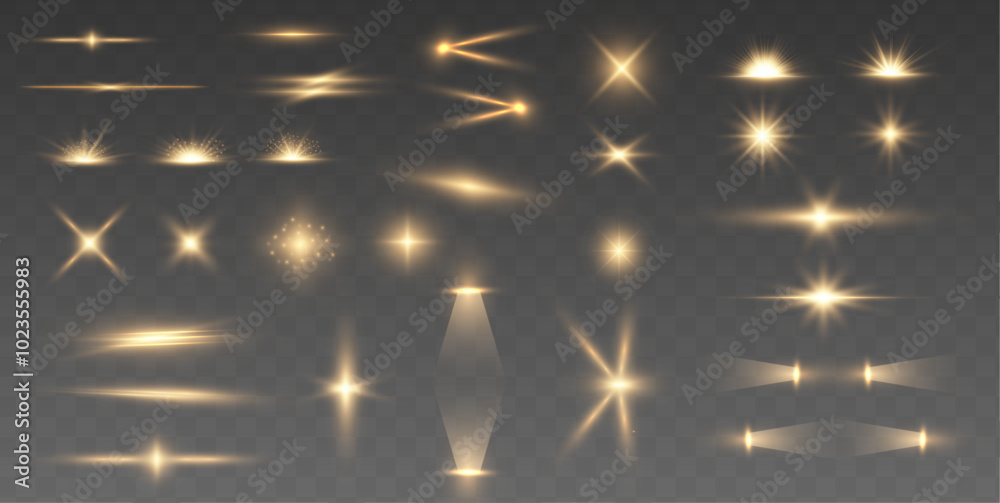Poster set of sun light stars with golden rays on transparent background with dust effect. glow light star,