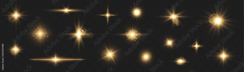 Aufkleber Set of realistic yellow light explosions on transparent background. Vector golden light with glare. Wall texture with organic drop diagonal shadow and rays of light on a white wall.	