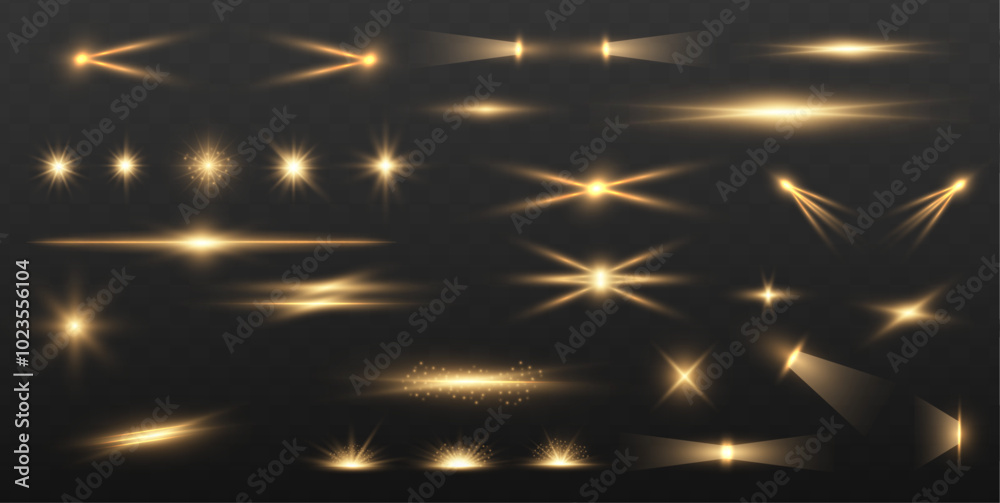 Poster Set of realistic yellow light explosions on transparent background. Vector golden light with glare. Wall texture with organic drop diagonal shadow and rays of light on a white wall.	