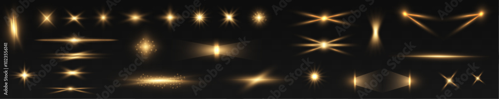Poster set of realistic yellow light explosions on transparent background. vector golden light with glare. 