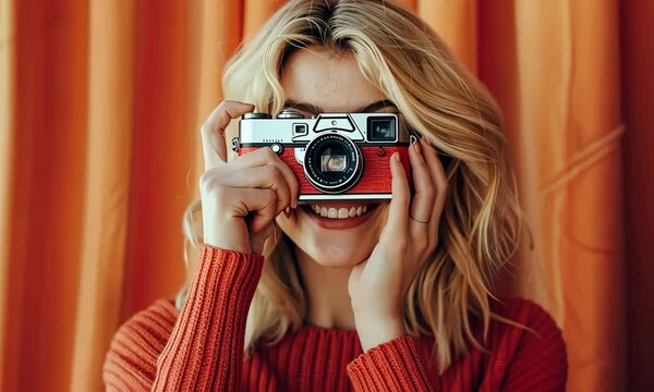 A woman is holding a red camera and smiling Video