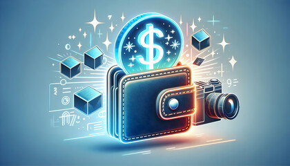 Obraz premium Flat Isolated Glowing Digital Wallet with Floating Cyber Monday Discount Icon for Online Transactions and Digital Payments - Infographic Design in Simple Vector Illustration