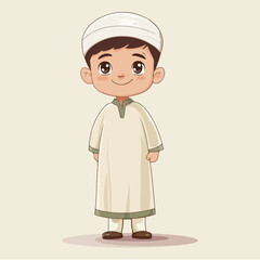 Smiling Muslim Boy in Traditional Attire Vector Illustration