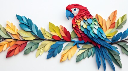 Fototapeta premium Paper cut parrot with layered, vibrant feathers in striking reds, blues, and greens, perched on a colorful branch, paper cut parrot, colorful wildlife art