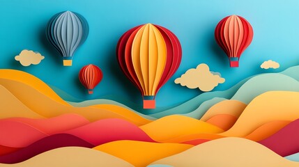 Playful paper cut hot air balloons in bright, overlapping layers of reds, yellows, and blues floating in a clear sky, paper cut balloons, colorful travel art