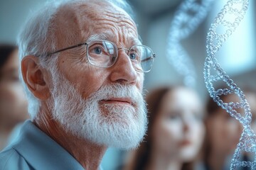 An elderly man with a beard and glasses is intently looking at a DNA model displayed at a scientific exhibition.