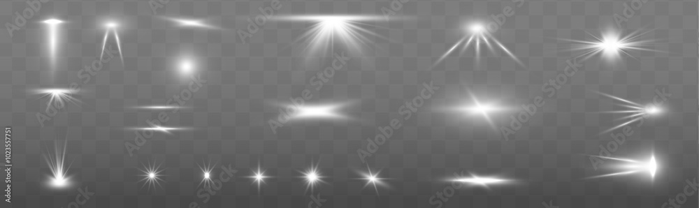 Poster light effect, star, flare, sparkle set. glowing light bursts with sparkles. sun rays light 3d elemen