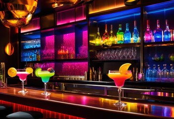 vibrantly colored cocktails arranged stylish wooden bar surrounded elegant lighting upbeat atmosphere, drinks, colorful, glass, alcohol, table, party