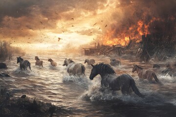 Fototapeta premium A dramatic scene depicting horses running through turbulent waters, framed by a fiery sunset and a backdrop of chaos and destruction.