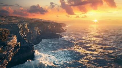 Spectacular Sunset Seascape Bold Clifftop Vistas Overlooking Dramatic Coastline with Crashing Waves