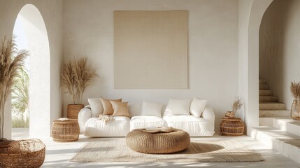 Frame mockup in white modern interior with rattan furniture and pampas