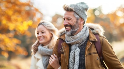 Fototapeta premium Joyful couple strolling hand in hand along a scenic nature trail surrounded by beauty