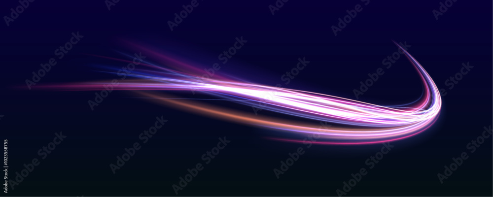 Poster Speed connection vector background. Vector swirl trail effect. Light trail wave, fire path trace line, car lights, optic fiber and incandescence curve twirl. 