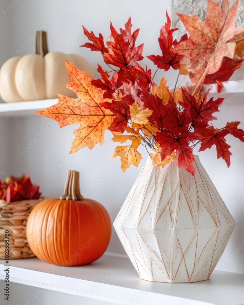 Canvas Prints Modern autumn home decor on a white shelf with pumpkins and geometric vase with red leaves