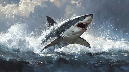 Naklejka premium A dynamic depiction of a great white shark breaching the surface of turbulent ocean waters, showcasing its powerful presence and raw energy.