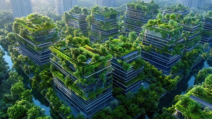 Obraz premium Aerial view of futuristic buildings integrated with nature, showcasing urban greenery and sustainable architecture.