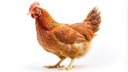 Fototapeta premium Isolated Rhode Island Red hen on white background with shallow Depth of Field