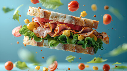 An exquisite sandwich with ham, cheese, and vegetables floating in the air on a blue background.