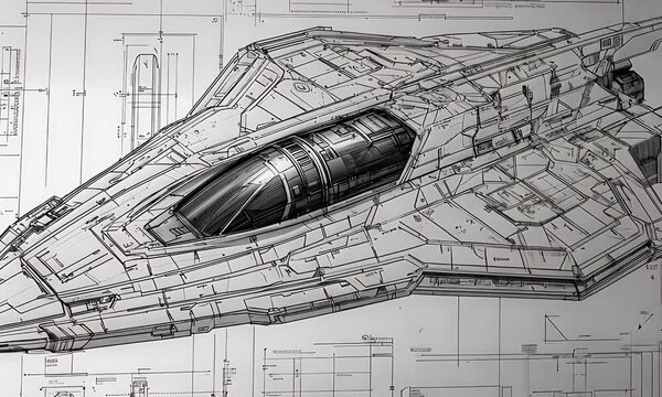 A technical blueprint of a futuristic spacecraft design with detailed annotations.