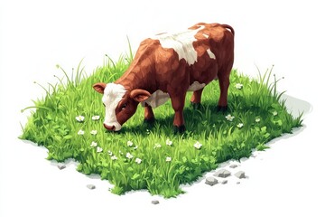 Cute Isometric Illustration of a Grazing Cow