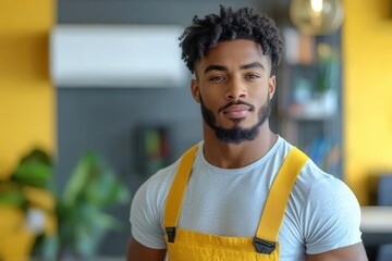A dynamic young man with short dreadlocks stands confidently in casual wear in a modern interior, his expression exuding strength and style amidst a vibrant background.
