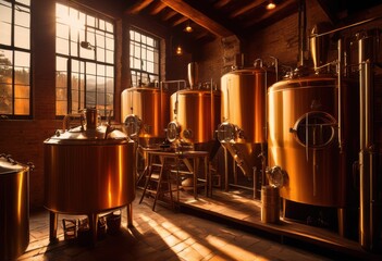 brewery equipment featuring rich inviting amber beer glow amidst carefully arranged tools ingredients highlighting craftsmanship, ale, brewing, malt, yeast