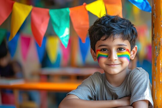 Young Boy with Rainbow Face Paint and Festive Flags