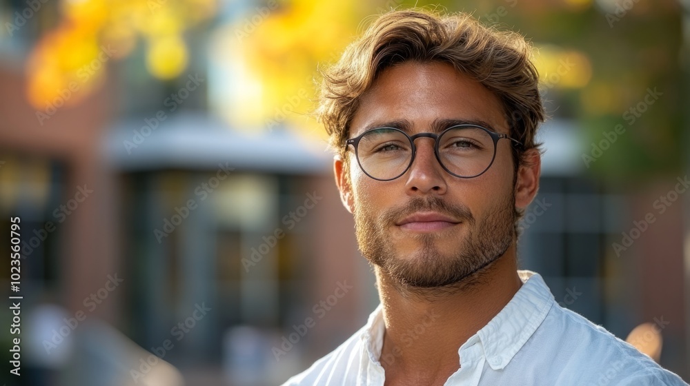 Poster a man with glasses is smiling and looking at the camera