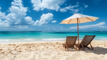Fototapeta premium A beach chair reclined under a parasol at a beautiful tropical beach