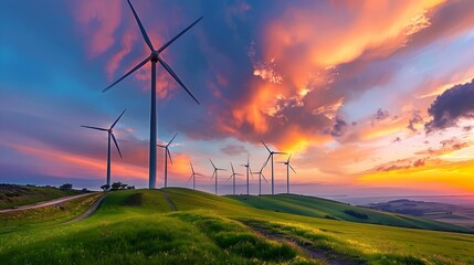 Obraz premium Wind turbines on a green field at sunset with a dramatic sky and vibrant colors. Renewable energy and sustainability concept for posters and wallpapers