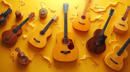 Fototapeta premium A serene illustration of acoustic guitars, ukuleles, and harmonicas arranged in a seamless wave formation on a pastel yellow background.