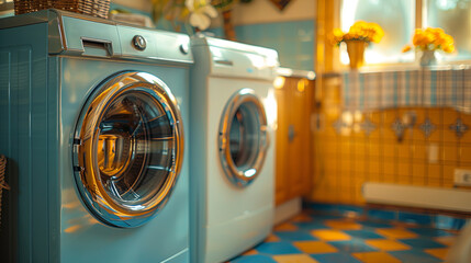 Two modern washing machines standing in a contemporary laundry room with yellow wall tiles