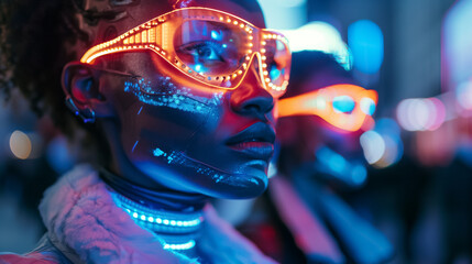 High-Fashion Models Posing in Vivid Neon Setting with Futuristic Visors