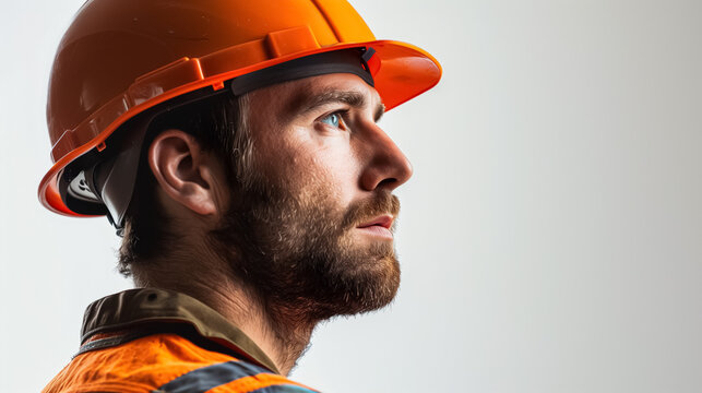 Male Worker in Helmet Side View Close Up with White Background