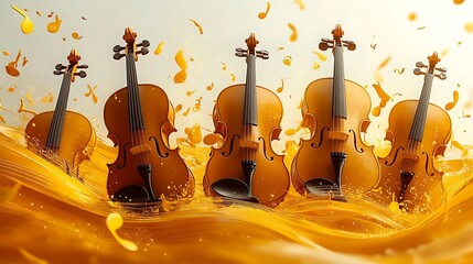 A vibrant depiction of a collection of orchestra instruments such as violins, cellos, trumpets, and flutes,