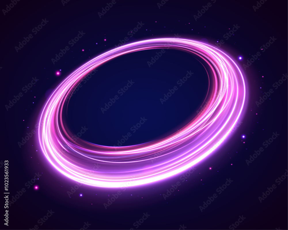 Poster Set of neon blurry light circles at motion. Abstract bright neon loop with transparency. Curve blue line light effect neon swirl. 