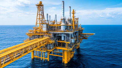 An offshore oil drilling rig in the ocean, showcasing advanced machinery and infrastructure against a clear blue sky. A symbol of energy production and industrial innovation.