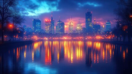 Fototapeta premium nighttime cityscape of warsaw poland illuminated with vibrant city lights reflecting off modern architecture creating an urban atmosphere filled with life and energy