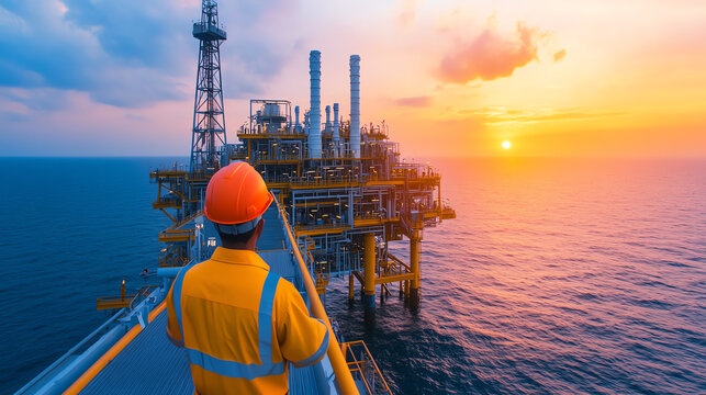 A worker in safety gear observes an offshore oil rig during a stunning sunset, highlighting the intersection of industry and nature.