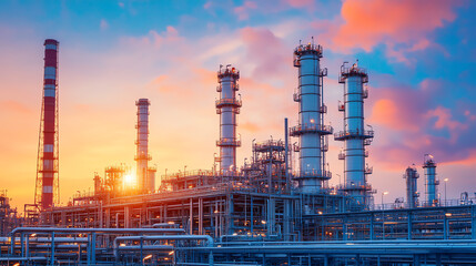 Fototapeta premium An industrial landscape featuring towering refinery structures against a vibrant sunset sky, illustrating the fusion of technology and nature in the energy sector.