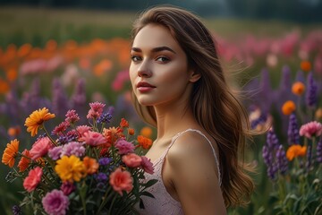 Naklejka premium beautiful girl, girl with flowers