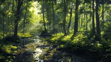 Obraz premium Tranquil forest stream with soft sunlight filtering through trees