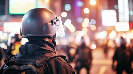 Naklejka premium Urban Chaos Riot Squad Confronts Protesters Under Streetlights - Power Dynamics and Tension in the Heart of the City